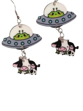 Gray Alien Spaceship and Cow Earrings